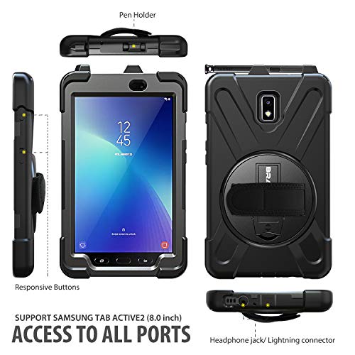 Galaxy Tab Active 2 Case, Braecn Heavy Duty Shockproof Case With 360 Degree Rotating Handle Hand Strap/Kickstand And Carrying Shoulder Strap For Samsung Tab Active 2 8.0 Inch 2017 Model Tablet-Black #TOP1