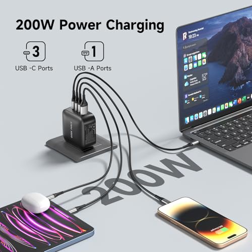 Image of 200W GaN Wall Charger | 4-Port Fast Charging Station (3xUSB-C PD3.0 + USB-A QC3.0) | Compact Power Adapter for MacBook Pro 16 inch M3 /iPhone 17 Pro Max /Samsung S25 Ultra | UL Certified