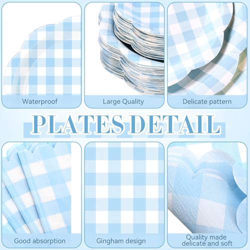 Image of Funnymoom 452 Pcs Blue Gingham Party Supplies for 50 Guests Include White and Blue Checkered Paper Plates Napkins Cups Tablecloth Cutlery Straws for Birthday Baby Shower Wedding Party Decorations