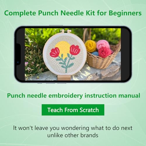 Image of Enkor Punch Needle Kit Adults Beginner,Needle Punch Embroidery Kits Beginners Kids Include Instructions Video, Fabric,Hoop,Yarns,Threader-Flowers Love F1