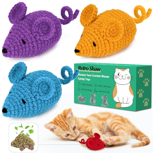 Retro Shaw Catnip Toys Crochet Mice Cat Toys,3 Pcs...