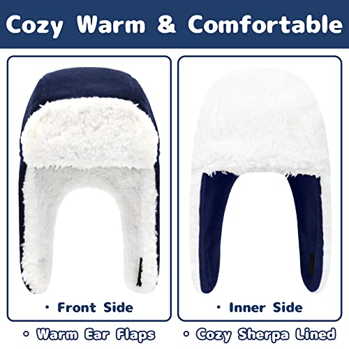 Toddler Winter Hat Sherpa Baby Boy Trapper Hats And Mittens Set Warm Fleece Infant Beanies Gloves Navy 12-24 Months #TOP3