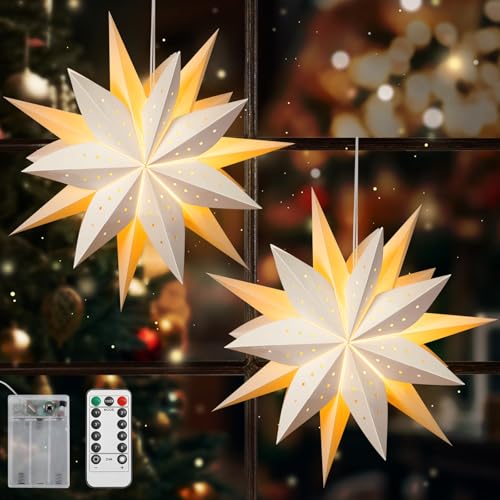 Lewondr Lanterne de Noël Étoilée en Papier, 2PCS Lanterne d'Étoilée Suspendue avec Télécommande, Trois Couches Lampe en Papier à Étoile à Sept Branches, Lumière de Noël pour la Décoration la Maison