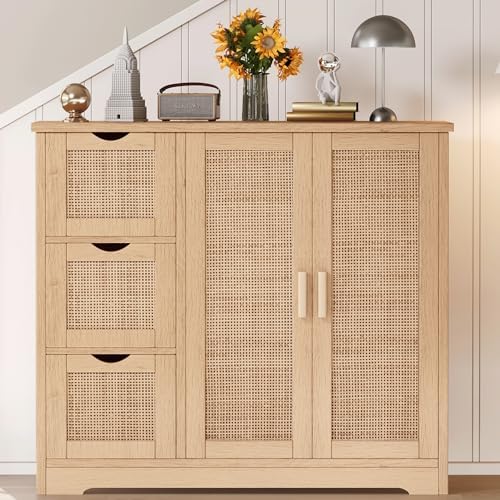 Amazon.com: Keehusux Rattan Floor Storage Cabinet with 3 Drawers ...