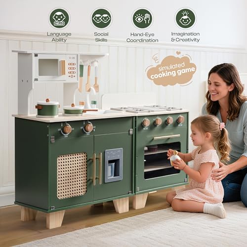 ROBUD Wooden Play Kitchen 3 Piece Set with Kitchenware Accessories, Vintage Green - Image 2