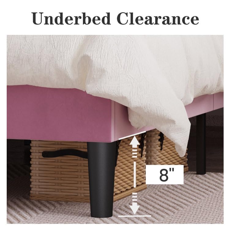 Image of HITHOS Solid Wood Modern Upholstered Queen Size Bed | Wooden Double Bed Cot Palang Furture Without Storage | Wingback Headboard (Pink)