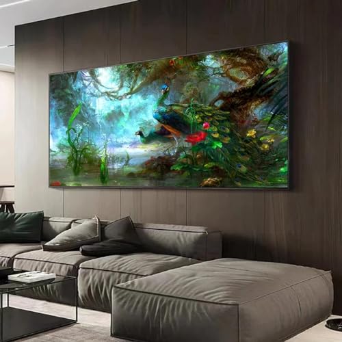 Art de forêt avec paon vert impression canvas de haute qualité format 75x150cm