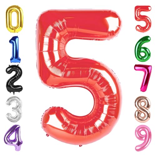 Image of 40 Inch Red Number 5 Balloon Birthday Party Decorations for Men & Women | 40 Inch Red inflatable foil number balloons, large birthday decorations for 5th birthday