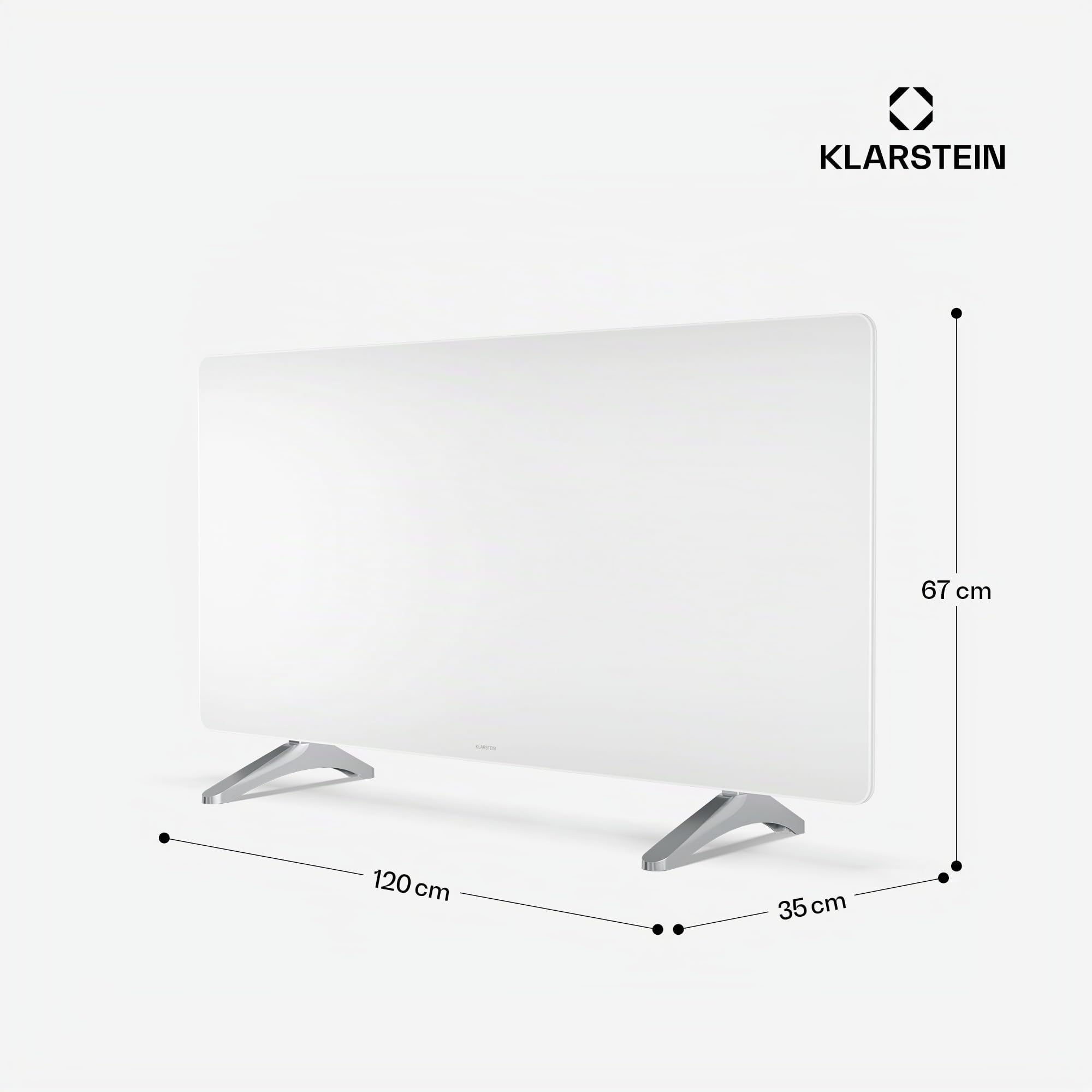 Klarstein Calefactor Infrarrojo, 720W – Panel de Vidrio, Montaje en Pared o Independiente, WiFi/App, Termostato, IP43 Baño, Temporizador, Seguridad Infantil, Calefacción Eficiente, Blanco