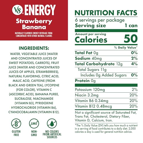 V8 Energy Strawberry Banana Juice Energy Drink, 8 fl oz Can (24 Pack)