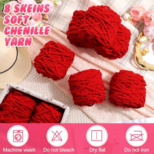 Image of Buryeah 8 Pack Chunky Chenille Yarn for Crocheting Soft Thick Fluffy Yarn for Hand Knitting Bulky Velvet Blanket Plush for Weaving DIY Crafts Each 3.5 oz 55 Yards (Red)