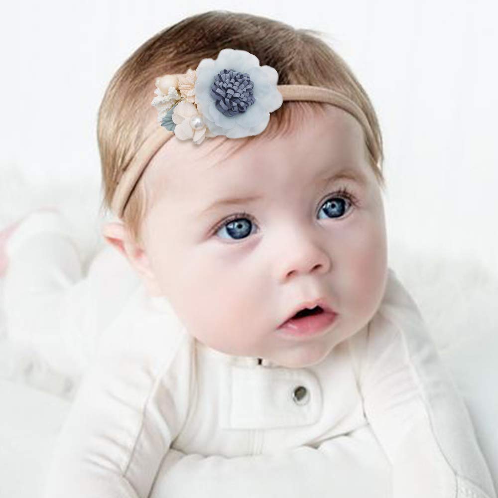 cherrboll 4 Stück Baby-Stirnbänder mit Blumen, super weich und dehnbar, Nylon-Blumenhaarbänder für Neugeborene und Kleinkinder