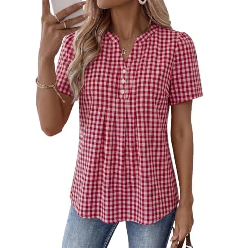 LOMON Womens Summer Tops Boho V Neck Pleated Blouses Dressy Casual Short Sleeve Shirts Vacation Outfits
