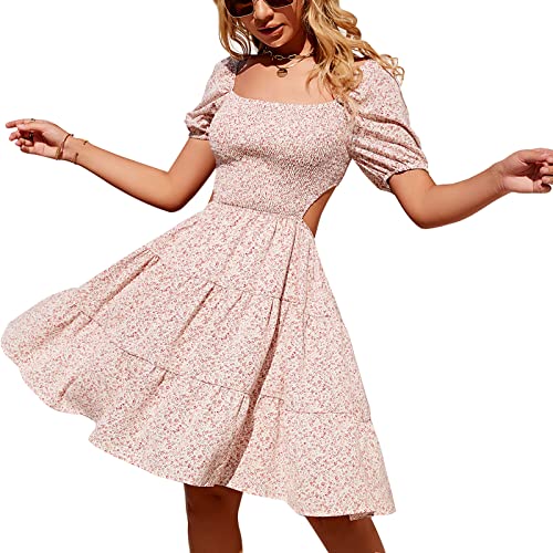 Byinns Women's Square Neck Ruffle Mini Dress Smocked Cut Out Ditsy Floral Backless Tiered Puff Short Sleeve Dress #TOP26