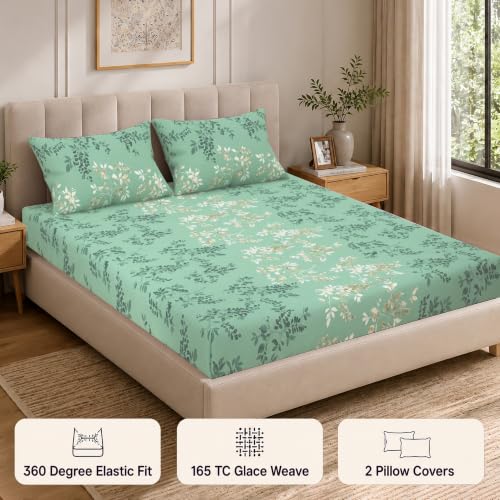 Image of Cloth Fusion Cotton Feel Elastic Fitted Bedsheet King Size, 2 Pillow Covers