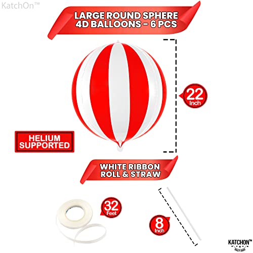 Image of KatchOn, Red and White Carnival Mylar Balloons - 22 Inch, Pack of 6 | Red and White Striped Balloons for Carnival Decorations | Circus Theme Balloons For Birthday, 70s, Carnival Party Decorations