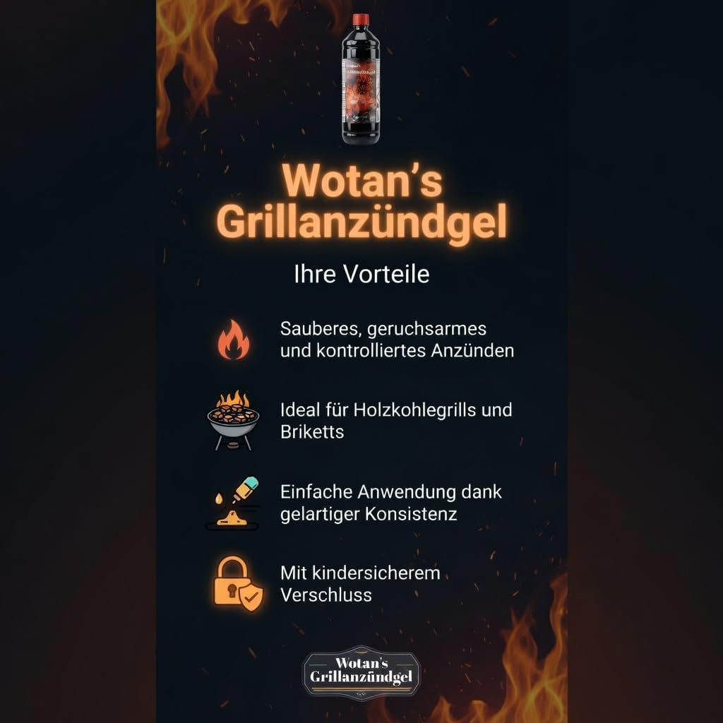 Wotan’s Grillanzündgel – Sicherheits-Grillanzünder flüssig für Holzkohle & Briketts – Geruchsarm & Rauchfrei – mit Kindersicherung (7x1 Liter)