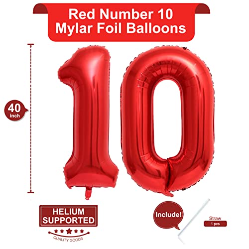 Image of 40 Inch Red 10 Number Balloons Giant 10 Balloons Red Birthday 10 Balloons 10th Birthday Anniversary Events Party Decorations Supplies