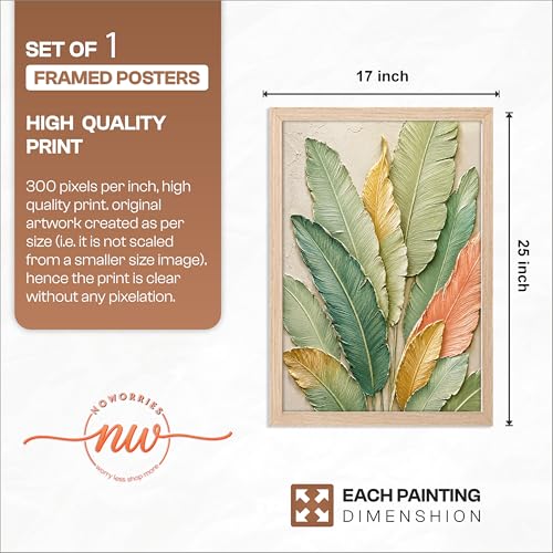 Image of NoWorries 3D Tropical Leaf Wall Painting with Frame Set of 1 | Premium Textured Green Botanical Leaves Artwork, Luxury Nature Wall Decor for Living Room, Bedroom, Office and Home Decoration (3d Art-8,17x25inch)
