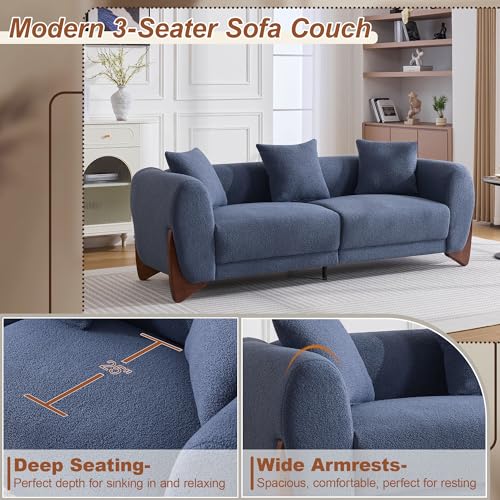 Image of 87 inch Sherpa Boucle Cloud Couch Modern 3 Seater Sofa with Solid Wood Legs, 25 inch Extra Deep Seat, Comfy Thick Cushion Upholstered Sofa Couches with 3 Pillows for Living Room, Blue