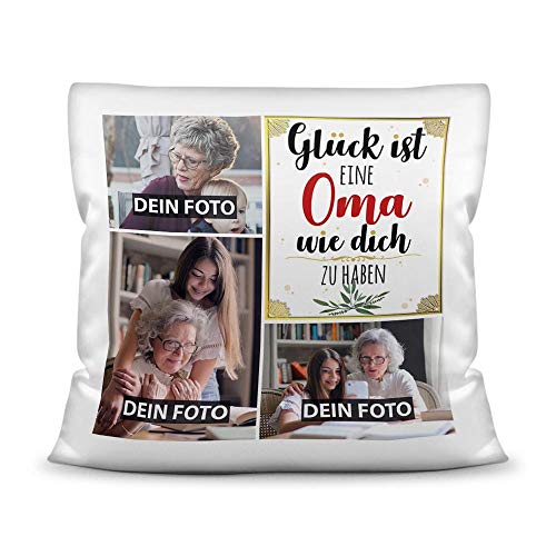 Print Royal Kissen mit Füllung - Fotocollage selbst gestalten mit Spruch für Oma - GLÜCK - mit DREI eigenen Fotos - Geschenkidee Fotokissen - Kissen Polyester - Weiß