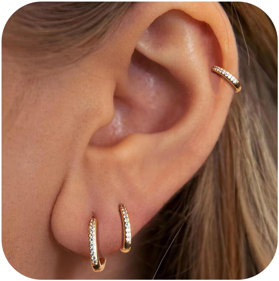 Small Hoop Earrings Cubic Zirconia Huggie Hoop Earrings 3 Pairs 14K Gold Plated Cartilage Piercing Earrings Tiny Trendy Earrings for Women Men Hypoallergenic Multiple Stack Jewelry Gift3