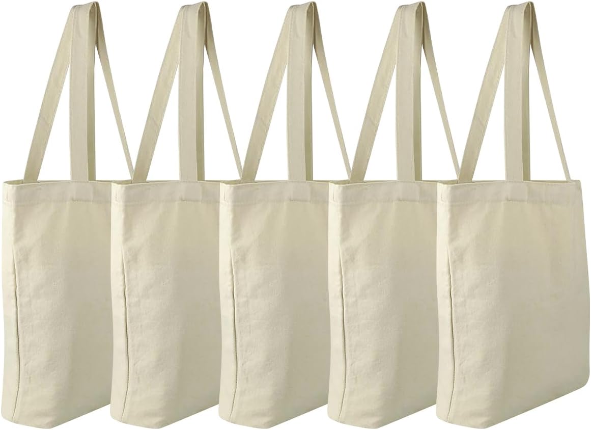 Faylapa 6 Pack Canvas Tote Bags, Heavy Duty Reusable Grocery Shopping Bag 13.6"x 15.3" Blank Cotton Bags for Decorating Christmas Crafts DIY, Painting(Beige)