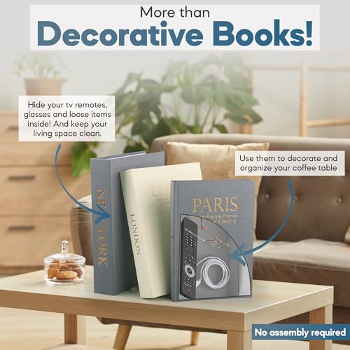 Image of Faux Book Storage Box Set (Set of 3) - Decorative Faux Books with Hidden Storage for Coffee Table Decor, Bookshelf or Mantle - Linen Decorative Book Boxes - Aesthetic Decor for Homes