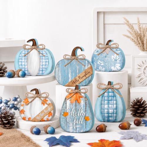 Wonderjune 6 Pcs Fall Pumpkin Table Decor Modern Neutral Pumpkin Block Wooden Signs...