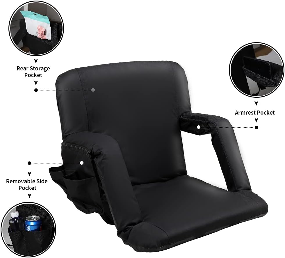 Seamander Stadium Seats for Bleachers with Back Support or Benches Portable Reclining Stadium Seats,Stadium Chair with Padded Cushion and Armrest Support (Black, 1-Pack)
