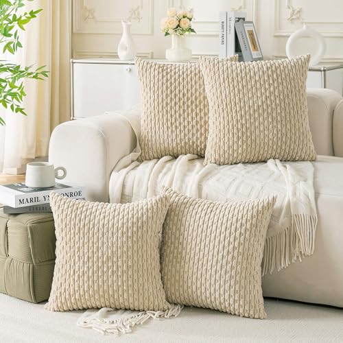 Set of 4 Beige Decorative Throw Pillow Covers 22x22 Inch Corduroy Pillow Covers for Bed Couch Sofa Living Room Soft Square Cushion Cases
