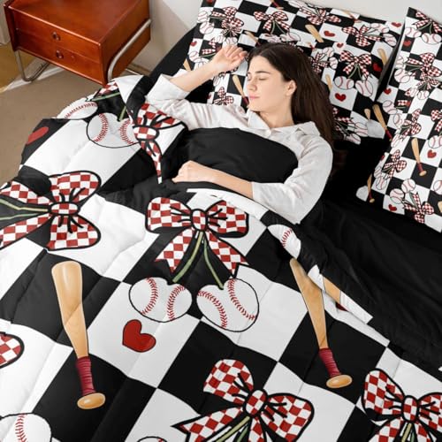 Image of 7 Pcs Baseball Cherry Bow Bedding Sets with Sheets,Comforter,Pillowcases,Pillow Covers Checkered Bowknot Sports Style Comforter Set Black White Patchwork Grid Bedroom Dorm Decor Bed Set,King Size