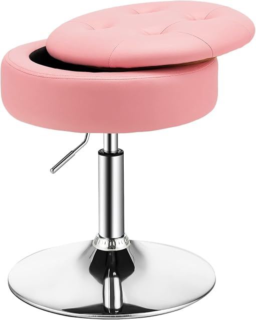 COSTWAY 360° Swivel Vanity Stool, Height Adjustable PU Leather Footstool Storage Ottoman with Removable Tray Lid, Modern Padded Round Footrest Accent Makeup Stool Chair for Living Room Bedroom (Pink)