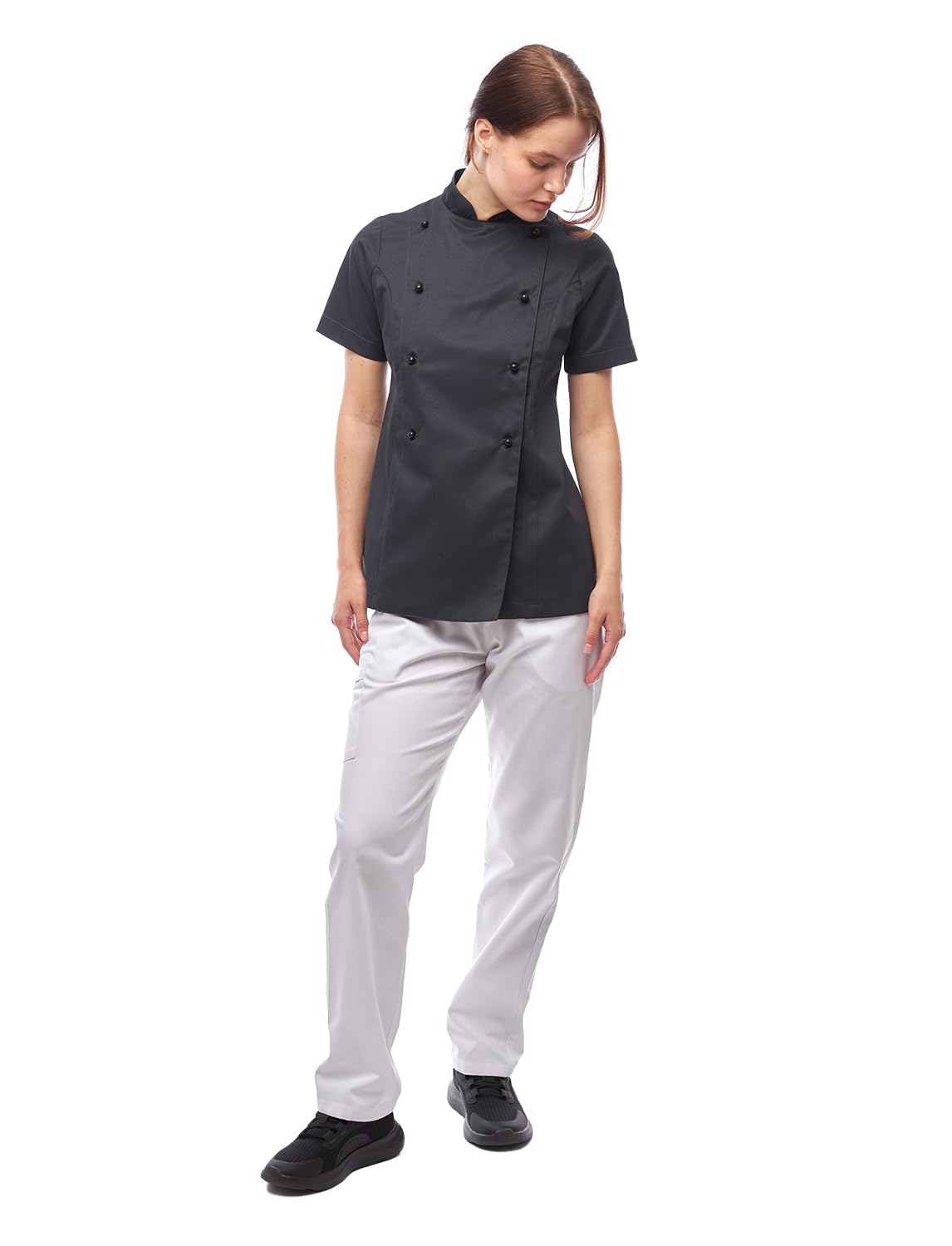 strongAnt Veste de cuisine pour femme à manches courtes ou longues avec boutons sphériques en coton, easyClean. uniforme de cuisinier, veste de boulanger
