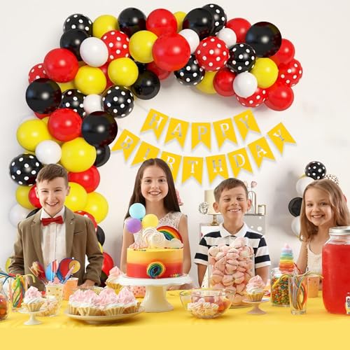 Image of Rozi Decoration Mickey Theme Latex, Cardstock Birthday Decoration Set of 51 Pcs Red, Black & Yellow Balloons with Happy Birthday Banner for Mickey Birthday Party Decorations