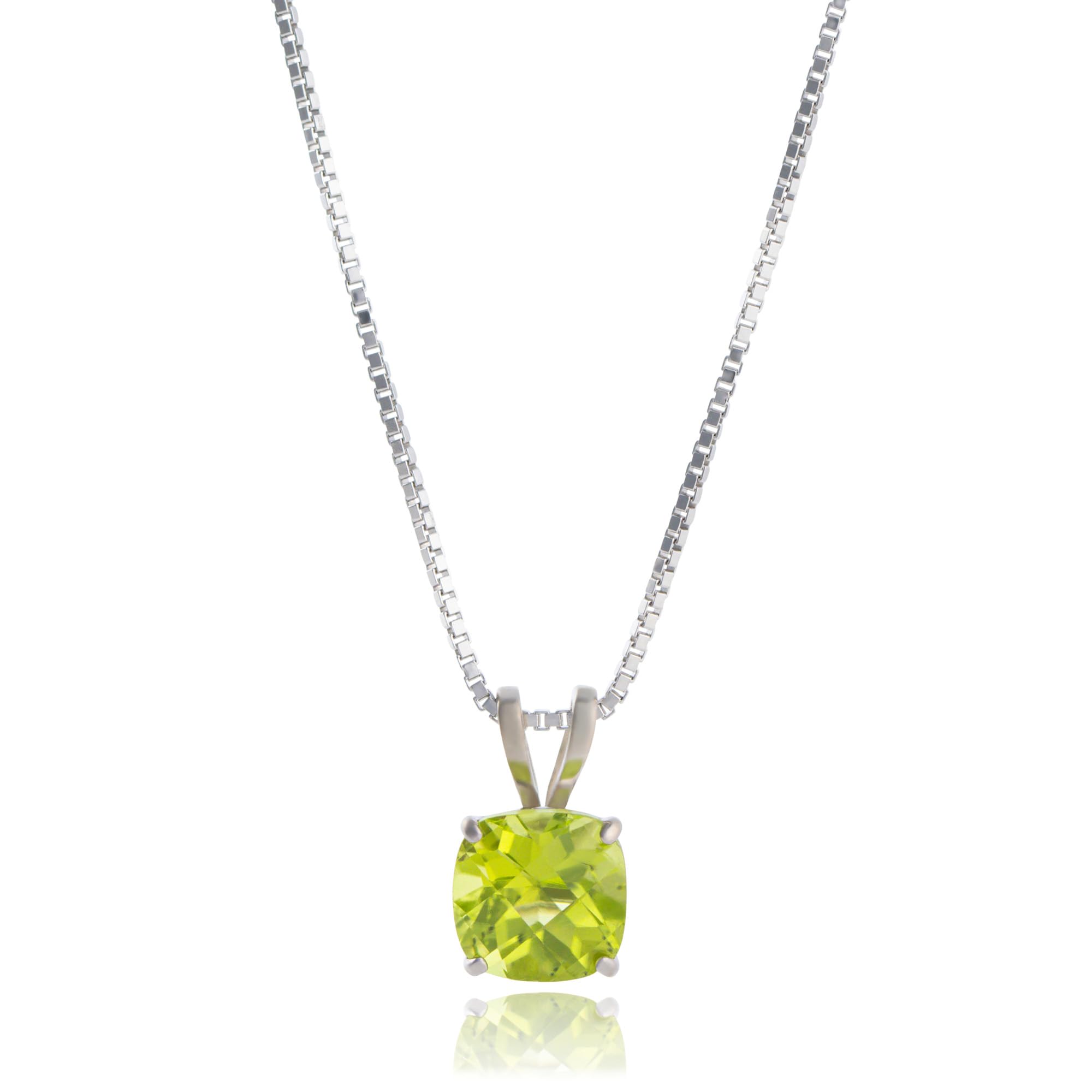 MAX + STONE 925 Sterling Silver Cushion Cut Peridot Necklace | 6mm Solitaire August Birthstone Necklace for Women | Green Gemstone Pendant Necklaces with 18 inch Cable Chain