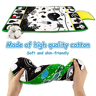 Tummy Time Mirror & Play Mat & Pillow 3-in-1, High Contrast Black and White Baby Toys, Activity Mat for Early Education, Newborn Infant Tummy Time Toy Set for 0 3 6 12 Month Crinkle/Squeake