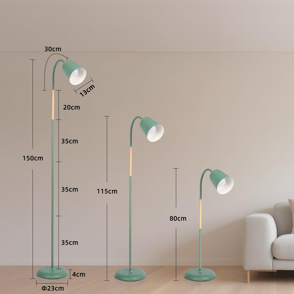 ANTENLICHT Lámpara de lectura de pie E27, casquillo máx. 60 W, lámpara de pie giratoria para salón, dormitorio, estudio, lámpara de pie nórdico con altura de 159 cm, verde (Sin bombilla)