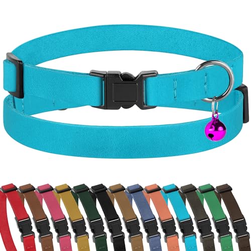 Murom Breakaway - Collar de piel suave ajustable para gatos con campana, rosa, marrón, azul, verde, rojo (aguamarina)
