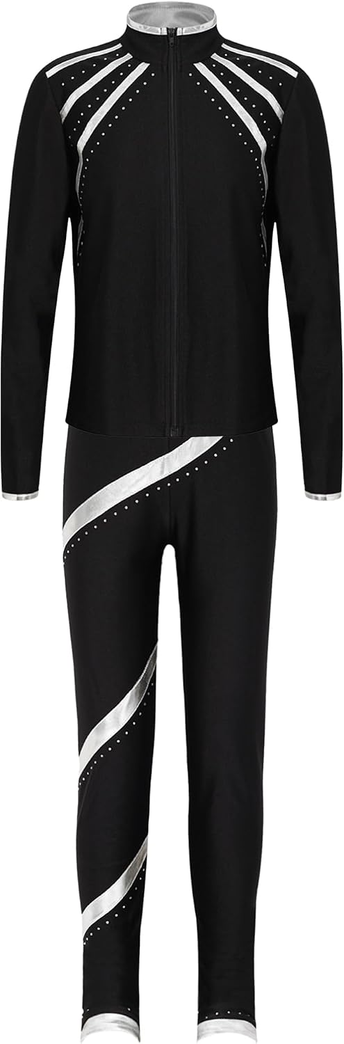 YiZYiF Girls Kids Figure Skating Outfit Ice Skating Training Suit Shiny Jacket Outerwear with Leggings Gymnastic Set