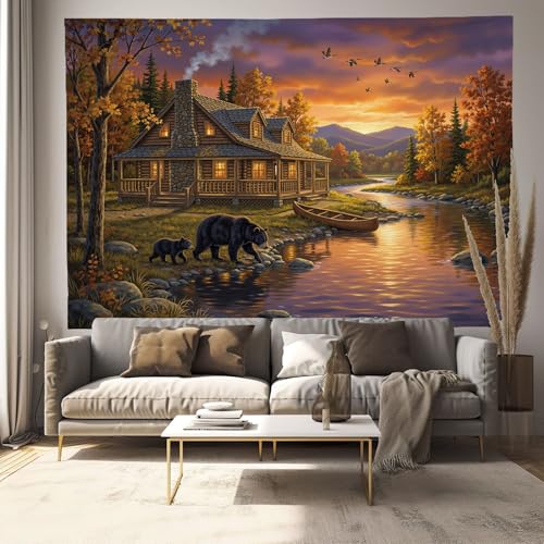 Tapiz para dormitorio de microfibra, gran decoración de pared naranja con paisaje retro de bosque 2