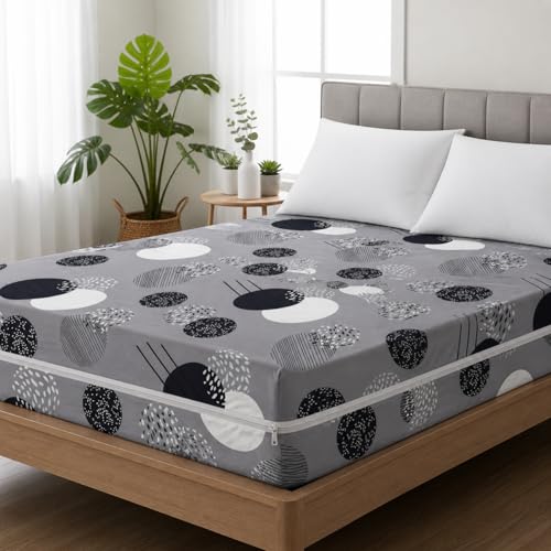 Image of Premium Cotton Printed Mattress Cover /Protector with Zipper Chain|Provides All Around Protection with 360 Encasing | Double King Size Bed - 78x72+8 inches (6.5 x 6 Feet Mattress) Charcoal Grey