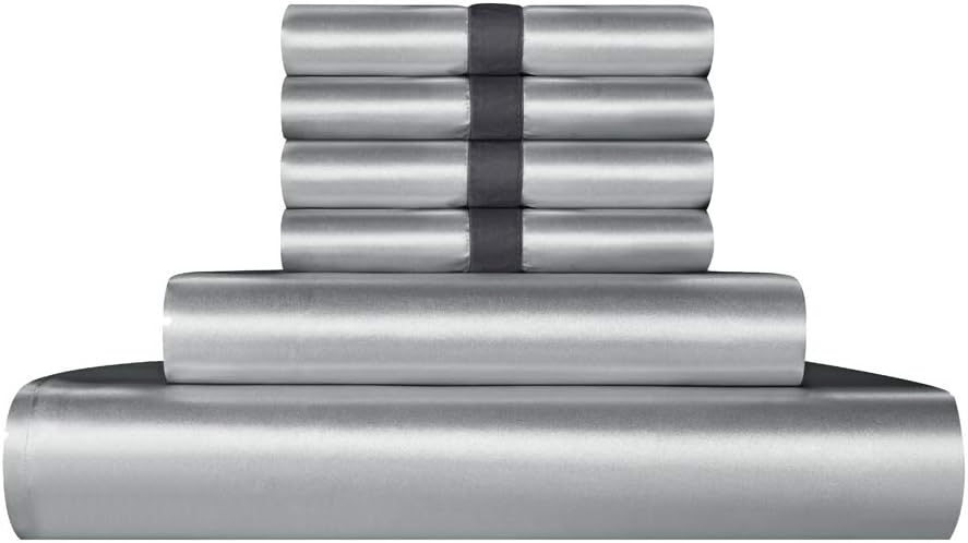 6 Piece Satin Bed Sheet Set Italian Style Bedding Sets Deep Pocket Rich Silk Super Soft Silky Luxury Solid Color Honeymoon Sexy Reversible Stain-Resistant Wrinkle Free (Light Grey, Queen)