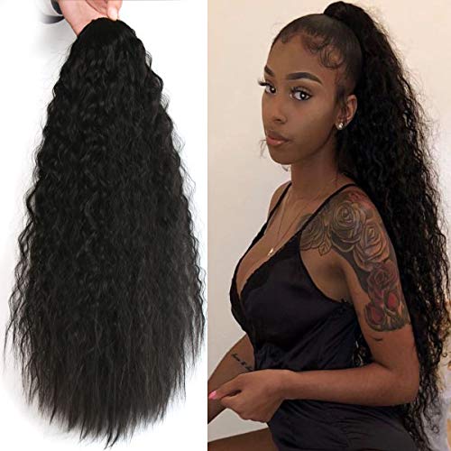 22inch Clip In Wavy Natural Ponytail Extension For Women Long Deep Curly Fake Water Hair Pieces Drawstring Ponytail Extensions (22inch, 1B#)