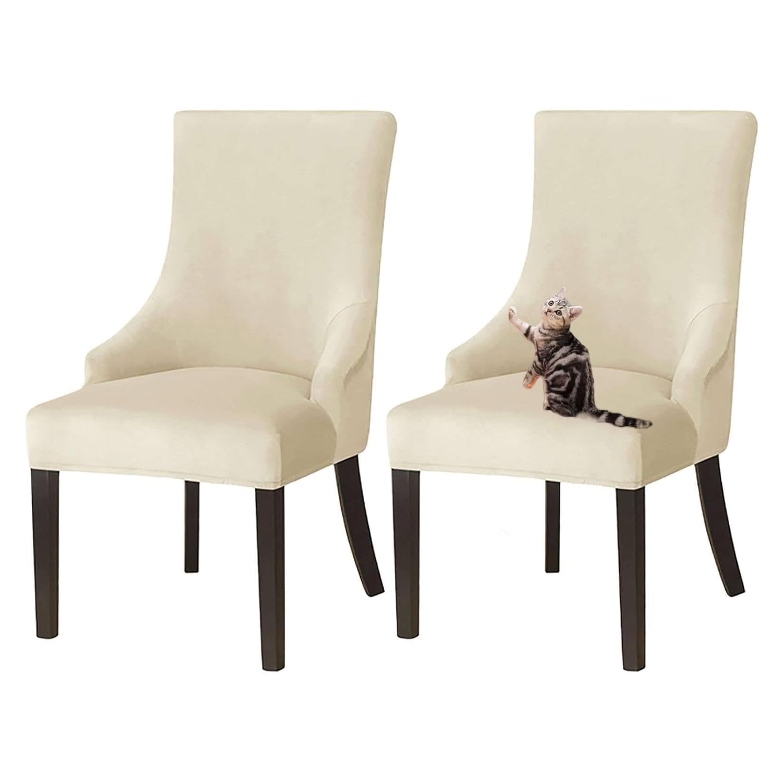 GUYIRT Velvet Wingback Dining Chair Covers, Stretch Wingback Side Chair Slipcover Washable Sloping Armchair Cover for Kitchen Banquet (beige,set of 2)
