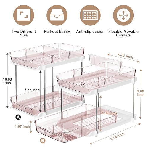 Image of Delamu 2-Tier Multi-Purpose Bathroom Under Sink Organizers and Storage, Stackable Kitchen Pantry Organization, Pull Out Medicine Cabinet Organizer with Movable Dividers, Light Pink, 2 Pack