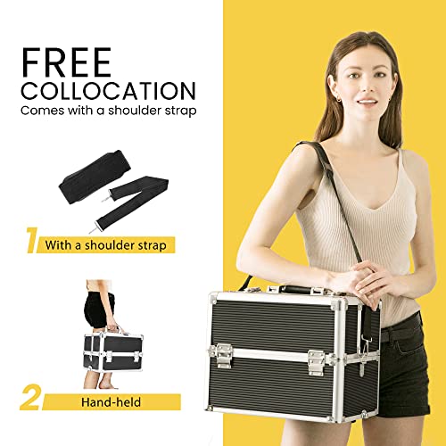 Vivohome 4 In 1 Makeup Rolling Train Case Aluminum Trolley Professional Cosmetic Organizer Box With Shoulder Straps 2 Keys Black(Cosmetic Are Not Included) #TOP4