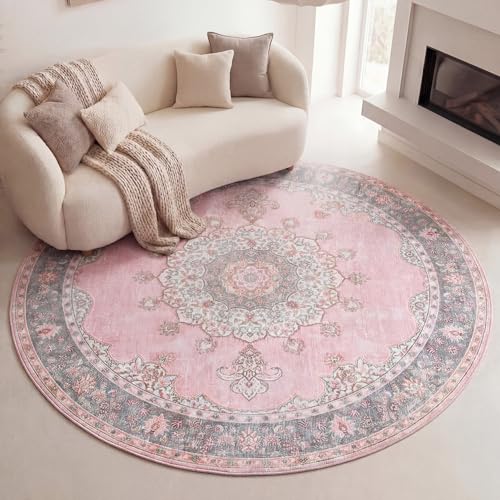 FRAAI | Home & Living Vintage Teppich Rund - Lily Medaillon Rosa - Ø 140 cm - Baumwolle, Polyester - Flachgewebe - Vintage - Wohnzimmer, Esszimmer, Schlafzimmer