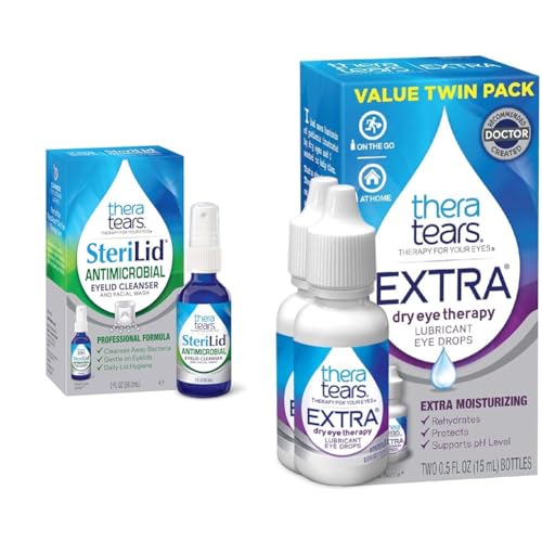 TheraTears Extra Dry Eye Therapy Lubricating Eye Drops for Dry Eyes, 0.5 fl oz Bottle, 2 Count & SteriLid Eyelid Cleanser and Face Wash, for irritated eyes, 2 fl oz Spray