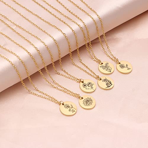 Birth Month Flower Pendant Necklace 18K Gold Plated Dainty Simple Month Birth Floral Disc Pendant Engrave Coin Necklace Minimalist Delicate Mom Daughter Gift for Her3